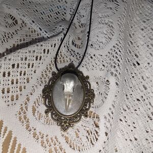 Bird Skull Cameo In Bronze Tone Metal Frame 16-18 Adjustable Cord Necklace